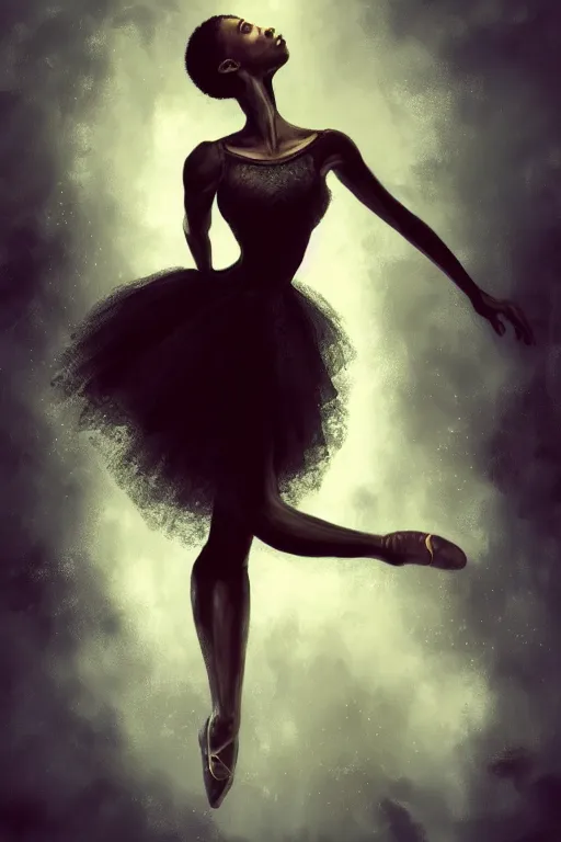 Image similar to black prima ballerina, gorgeous, ethereal, intricate, elegant, volumetric lighting, nature scenery, digital painting, highly detailed, artstation, sharp focus, illustration, concept art, clive barker