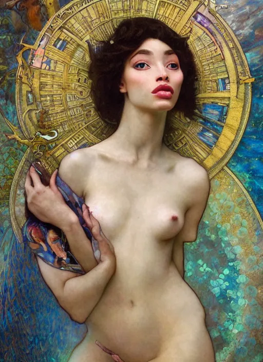 Prompt: a realistic oil painting of a beautiful young woman resembling winnie harlow, crystal encrustations, underwater, fantasy art, by mucha, by bouguereau, intricate, colorful