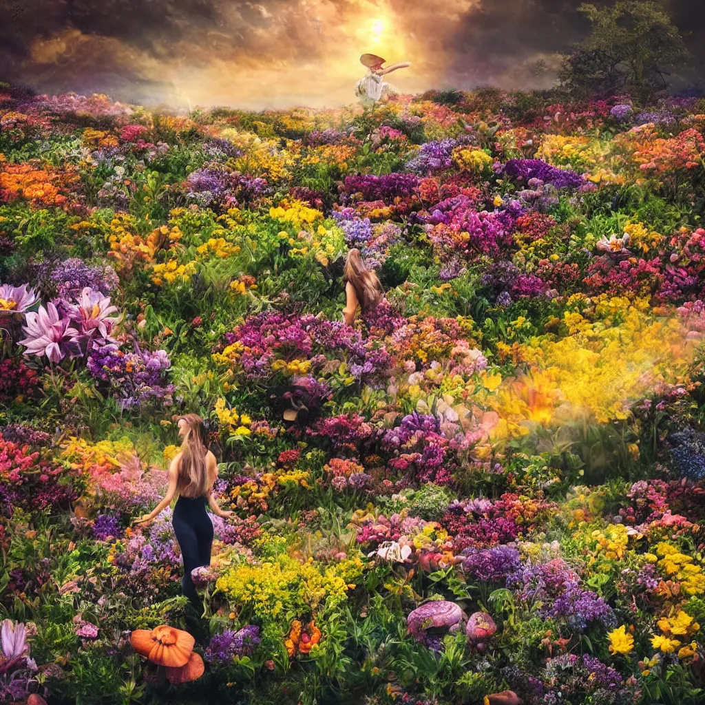 Image similar to a planet of various flowers, fungus and plants, in which the human figure is dressed in something magical and impressive, inside the picture is infinity, sunset light, Atmospheric phenomenon, artistic photography, muted colors, conceptual, long exposure outside the city