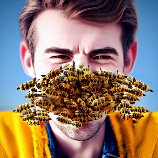 Prompt: photograph of smiling man with bees inside his mouth, 8k resolution, high detail, ULTRA REALISTIC VFX, reflections