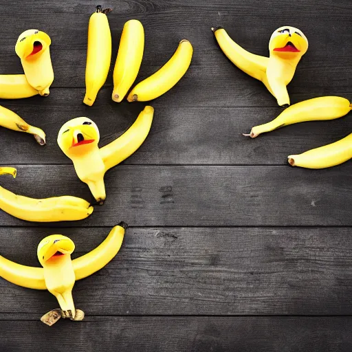 Image similar to professional photograph of banana ducks, peeled bananas with googly eyes and duck beaks