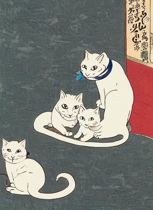 Image similar to whitecat with 2 baby white cats of utagawa hiroshige, digital painting 4 k uhd image, highly detailed