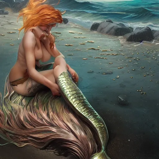 Prompt: a sad mermaid covered in a motor oil and thrash on the beach, ultra realistic, concept art, intricate details, highly detailed, photorealistic, octane render, 8 k, unreal engine. art by artgerm and greg rutkowski and magali villeneuve and alphonse mucha