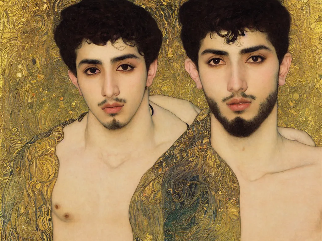 Image similar to beautiful medium shot portrait of a young arabic man inspired by ( ( ayami kojima ) ) with short hair dressed with a white t - shirt looking into the camera from three - quarters, white background white bank studio light, art by gustav klimt, alfons mucha and yoshitaka amano, 8 k