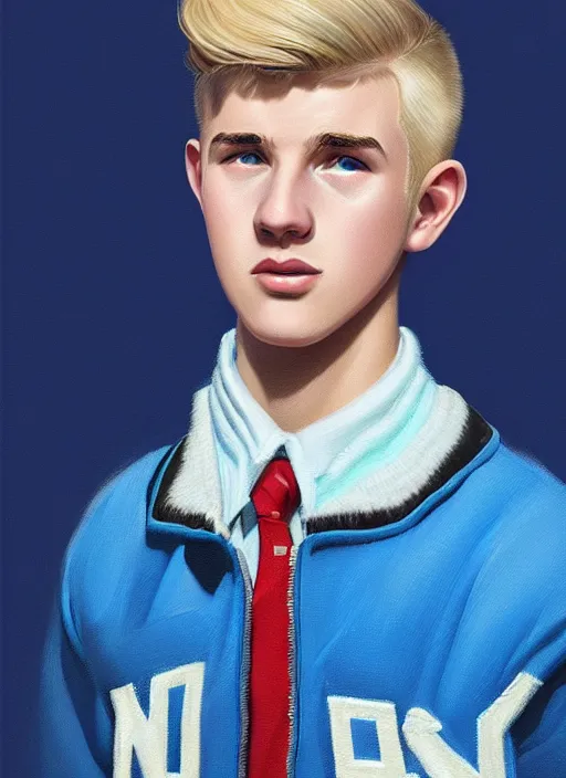 Image similar to portrait of a high school senior boy named moose mason, blonde short hair, jock, beefy, square jaw, square facial structure, 1 9 5 0 s, blue varsity jacket, intricate, elegant, glowing lights, highly detailed, digital painting, artstation, concept art, smooth, sharp focus, illustration, art by wlop, mars ravelo and greg rutkowski