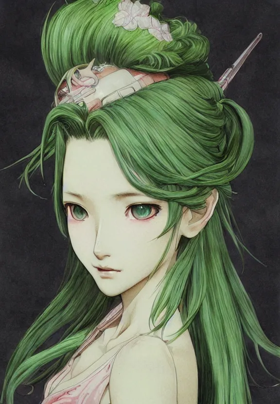 Prompt: aerith gainsborough, green eye color, watercolor painting, full - body, ukiyo - e, nouveau, concept art, 8 0's fantasy art, yoshitaka amano, highly detailed, intricate, trending on artstation, award - winning