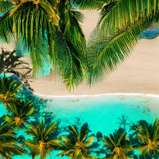 Image similar to high quality color aerial view photo of a tropical island with a sparkling pool and palm tree leaves on the edges, pastel faded effect, synthwave colors