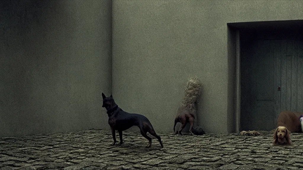 Image similar to the dog who waits outside, film still from the movie directed by denis villeneuve and david cronenberg with art direction by salvador dali and zdzisław beksinski, wide lens