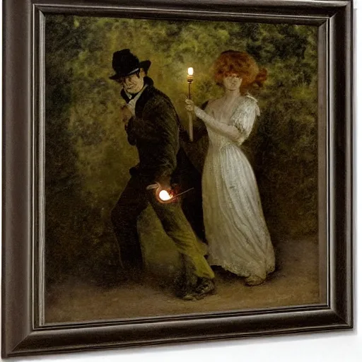 Prompt: young victorian man and woman traversing a dark stone maze, holding torches, hiding, fleeing, painted by alfred stevens