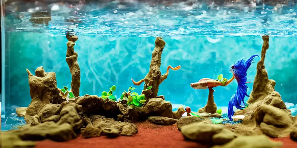 Prompt: siamese fighting fish. plasticine model in water. figures clay. tilt shift. clay figure. surreal. tropical fish tank with sand. strange. weird. astrix and obelisk. tintin. hands. tank. wallace and gromit. aquatic photography. photorealistic. waiting room