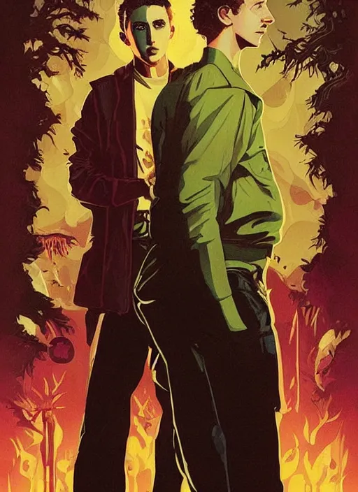 Image similar to poster artwork by Michael Whelan and Tomer Hanuka, Karol Bak of Ryan Gosling and Timothee Chalamet are the Hardy boys, from scene from Twin Peaks, clean