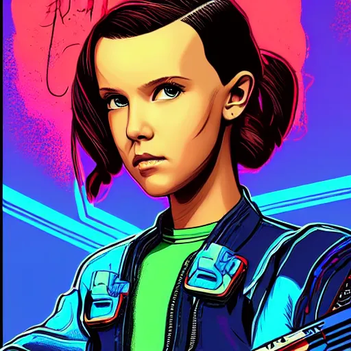 Prompt: Millie Bobby Brown in Cyberpunk 2077 by Butcher Billy!!!! by RossDraws
