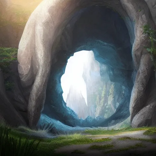 Image similar to beautiful matte painting of a fantasy cave entrance