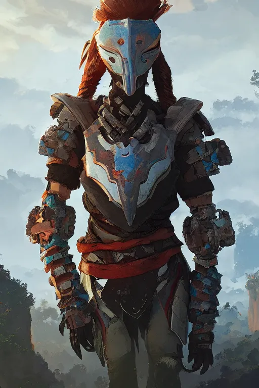 Image similar to combination suit armor aloy horizon forbidden west horizon zero dawn radiating a glowing aura global illumination ray tracing hdr fanart arstation by ian pesty and alena aenami artworks in 4 k tribal robot ninja mask helmet backpack