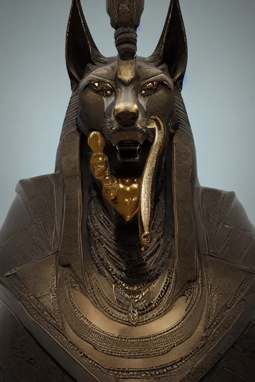 Image similar to highly detailed matte portrait of anubis in the duat, cgi, glistening, specular highlights, intricate detail, digital painting, zbrush