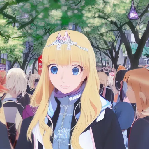 Image similar to blonde - haired princess, anime princess, wearing black jacket and white leggings, looking through crowd, town street, festival street, trees, green trees, blue lighting, blue sunshine, strong lighting, strong shadows, vivid hues, ultra - realistic, sharp details, subsurface scattering, intricate details, hd anime, 2 0 1 9 anime