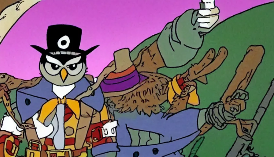 Image similar to saturday morning cartoon shot of an owl dressed as the lone ranger, screenshot from 1990s animated show