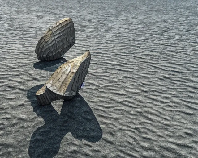 Image similar to a long shot of a giant skeleton award winning sculpture on the surface of the ocean, abstract sculpture, in the style of chad knight, hyper detailed, hyper realistic, ray tracing, 8 k resolution, sharp focus