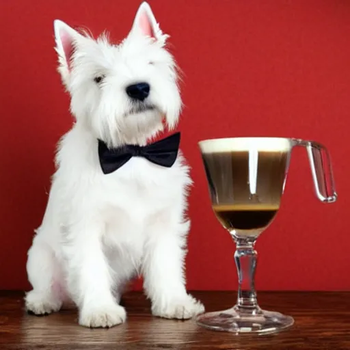 Prompt: West highland white terrier in a tuxedo drinking Italian espresso