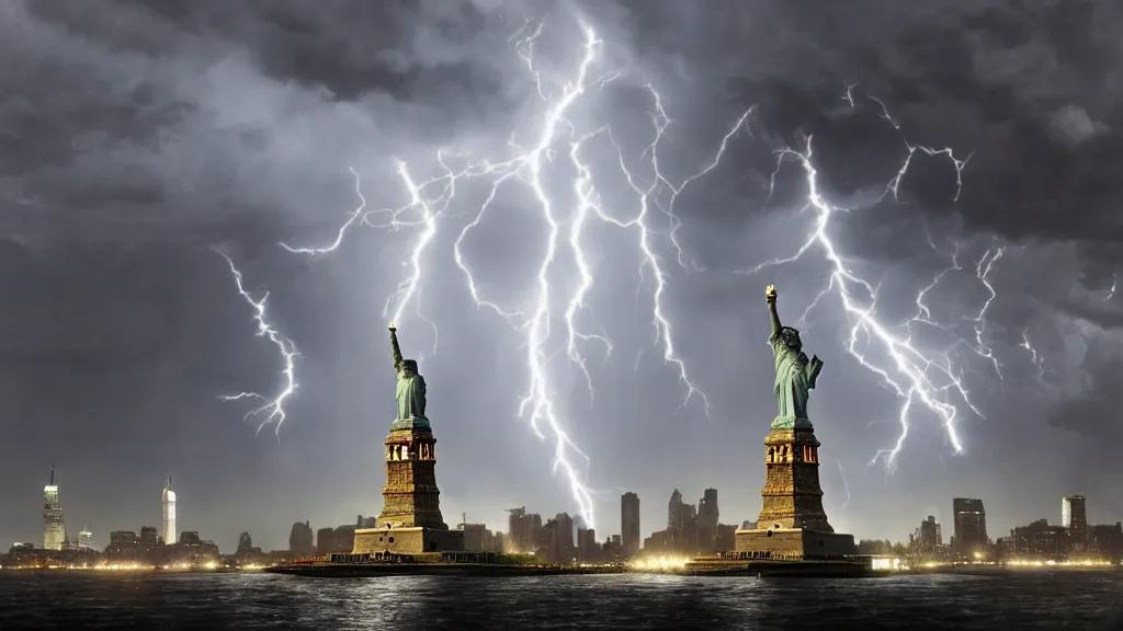 Image similar to elder god standing over destroyed statue of liberty, lightning, storms, volumetric lightning by eugene von guerard, ivan shishkin, dramatic lighting, concept art, trending on artstation, 8 k