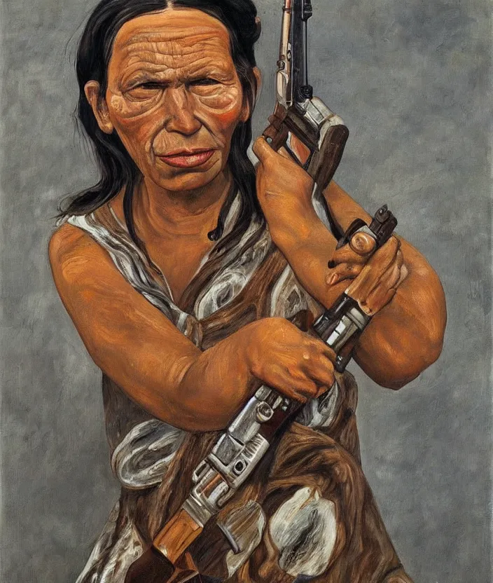 Prompt: indigenous woman with a gun, painted by lucian freud, hd, super detailed, realistic, muted colors