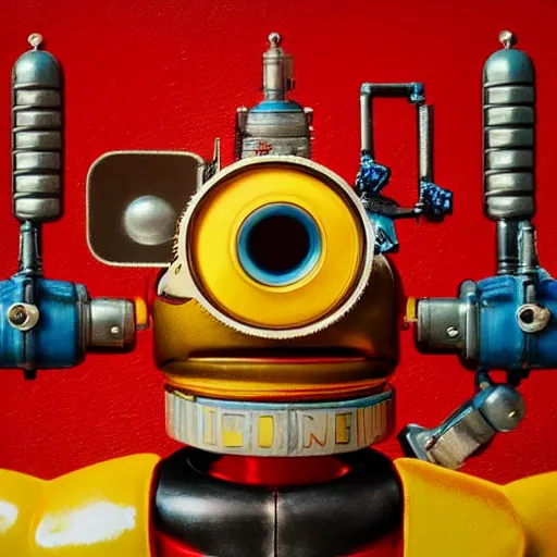 Prompt: closeup portrait of tin toy retro robot yellow duck, depth of field, red zeiss lens, detailed, centered, fashion photoshoot, by nicoletta ceccoli, mark ryden, lostfish, extremely detailed, artistic, hyperrealistic, octane render