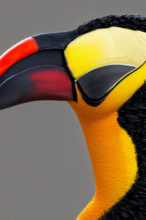 Image similar to an evil toucan, dynamic pose, close - up, intricate details, intricately detailed textures, warm lighting, vivid colors, realistic octane render, hyper realistic render, volumetric shading, depth of field, raytracing, 8 k,