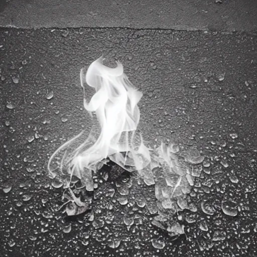 Image similar to beautiful photo, aspic on asphalt smoking cigarette, night, rain, fog, wet road