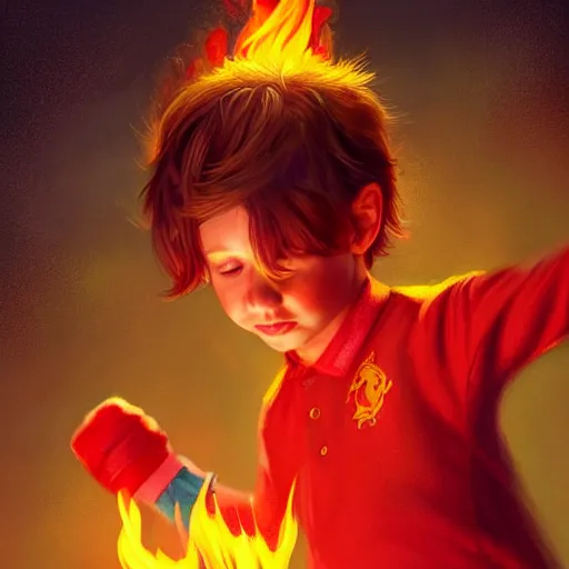 Image similar to colorful and festive captivating young child boy, brown fluffy hair, wearing red and yellow clothes, shooting a fire sphere out of his fist. full body, rich vivid colors, ambient lighting, dynamic lighting, 4 k, atmospheric lighting, painted, intricate, highly detailed by charlie bowater