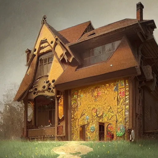 Prompt: A modern house made of gingerbread, digital painting, artstation, concept art, sharp focus, illustration, art by greg rutkowski and alphonse mucha