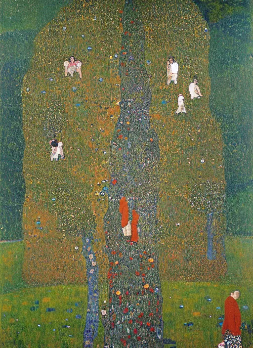 Prompt: a landscape painting of a cognitive optical illusion of trees, with four people in the foreground making extreme dynamic poses painted by gustav klimt