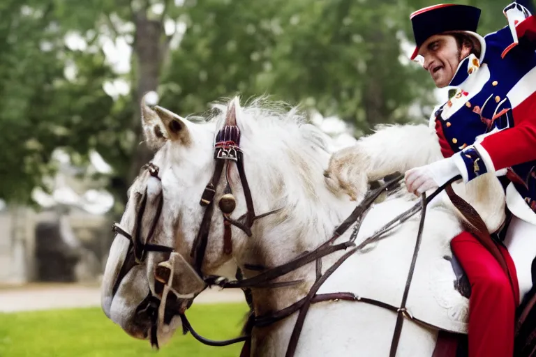 Image similar to closeup portrait of emmanuel macron dressed as napoleon riding a small pony, natural light, sharp, detailed face, magazine, press, photo, steve mccurry, david lazar, canon, nikon, focus