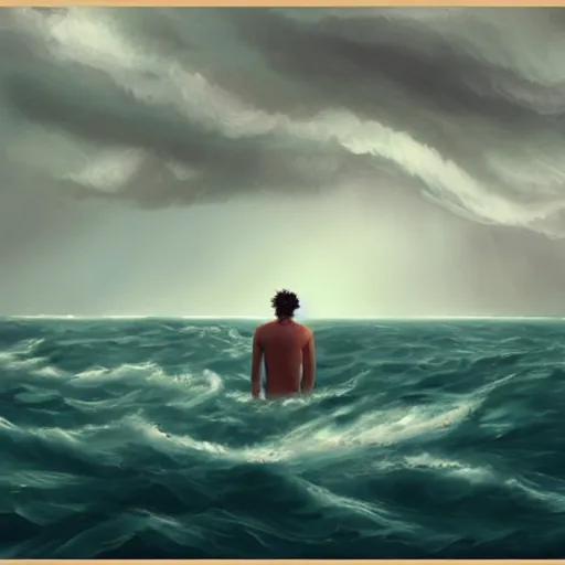 Prompt: a single man on a boat who is amazed by the beauty of a huge storm in the middle of the sea that is about to absorb him and end his life, illustration, digital art, d & d, trending on art station, masterpiece