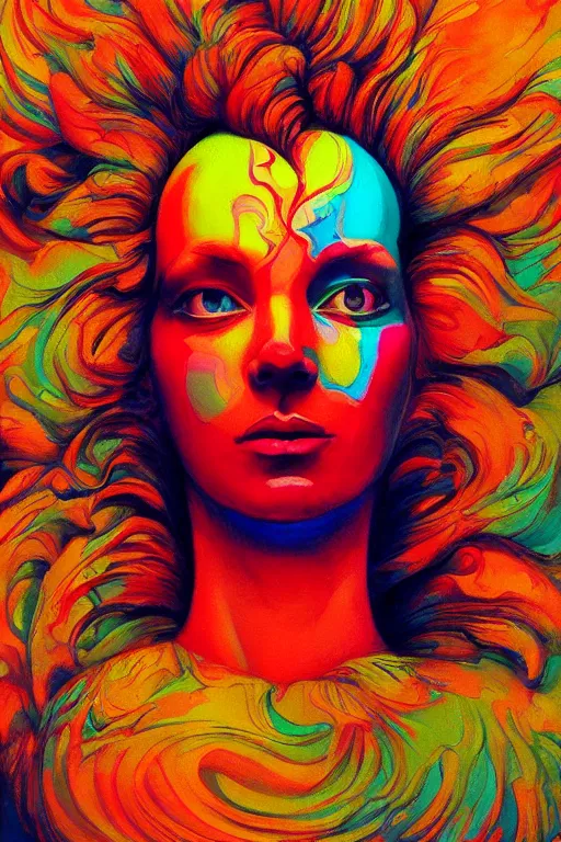 Prompt: a colorful vibrant closeup portrait of a queen dreaming psychedelic hallucinations, by moebius, edward hopper and james gilleard, zdzislaw beksinski, steven outram colorful flat surreal design, hd, 8 k, artstation