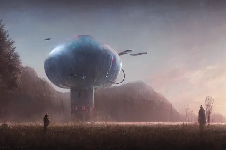 Prompt: a beautiful matte painting of a alien spaceship over the soviet village simon stalenhag and jakub rozalski and alan bean, trending on artstation, realistic rendering