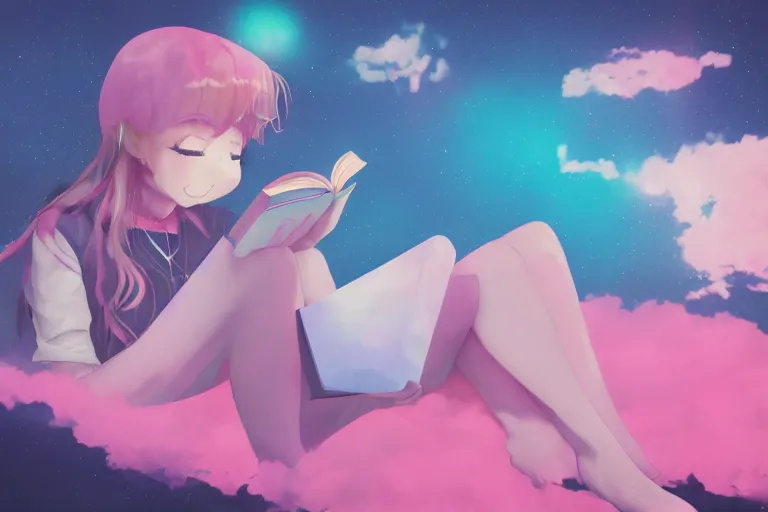 Prompt: a cute anime girl reading a book on a cloud relaxing by aoshima, chiho, misty, glows, digital art, hazy, foggy, ambient lighting, 8 k, neon, synthwave,