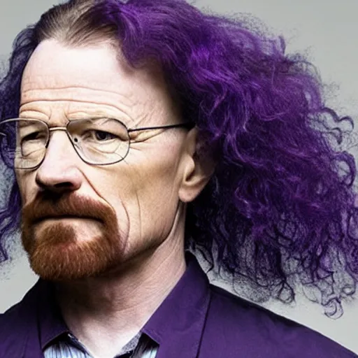 Prompt: walter white with long purple curly hair, dye