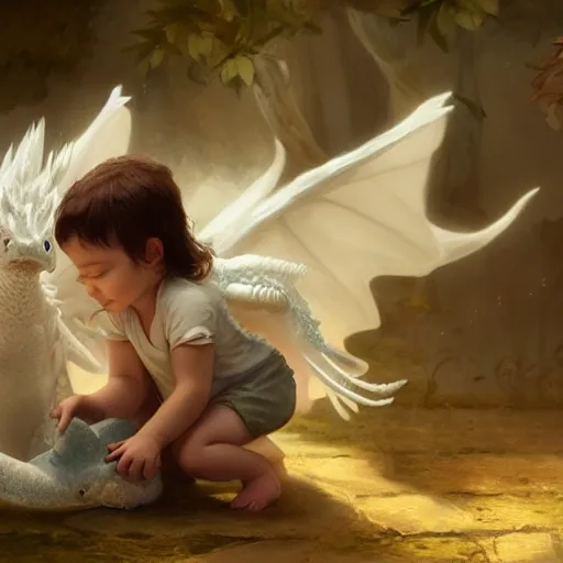 Prompt: a whimsical portrait of a little baby angel petting a cute white dragon pet by Greg Rutkowski, ultra realistic, Sung Choi, Mitchell Mohrhauser, Maciej Kuciara, photorealistic 8k, cinematic lighting, HD, high detail, atmospheric, trending on artstation