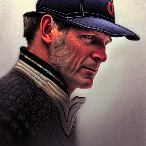 Image similar to beautiful portrait of hockey coach Clint Malarchuk, fantasy, intricate, elegant, highly detailed, digital painting, artstation, concept art, smooth, sharp focus, luxury fashion illustration, art by artgerm and greg rutkowski and alphonse mucha, brightly lit cinematic soft lighting, photorealistic