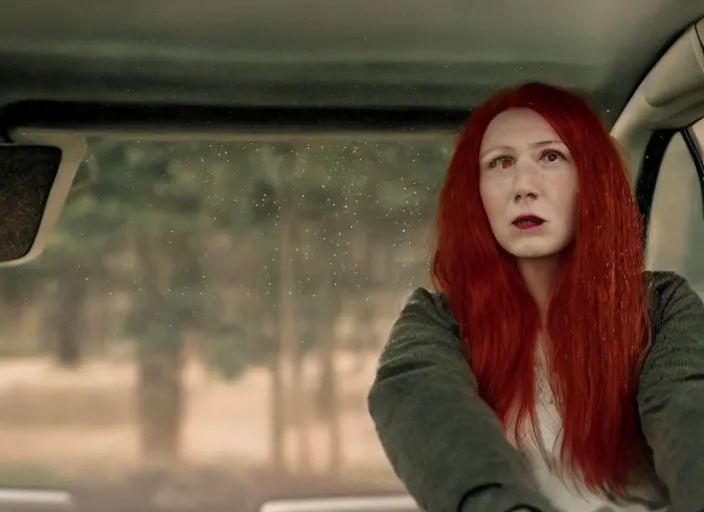 Image similar to A very high resolution image from a new movie, inside of a car, red hair woman, raining, hot, directed by wes anderson