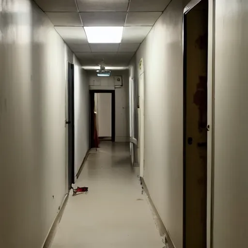 Prompt: dingy hallway in an apartment building, dirty, poorly lit