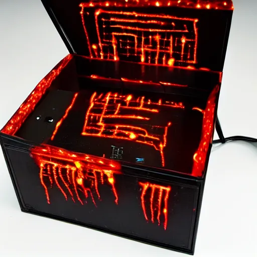 Prompt: a large box made out of human flesh, doom monster, electronic circuitry, skin, flesh!, blood, clumps of hair, lights, led, computer