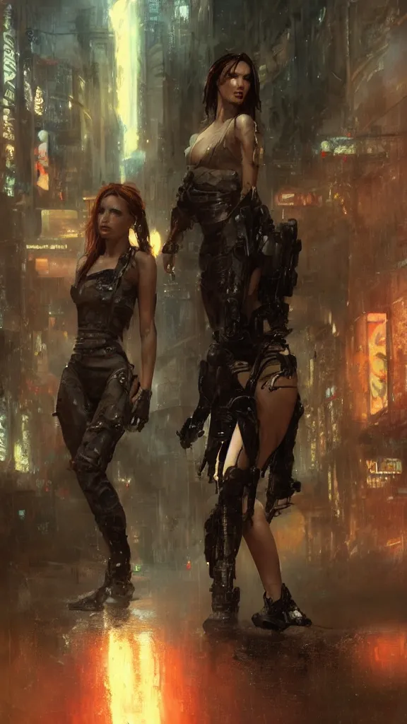 Image similar to bella thorne and megan fox, hyperrealistic full figure, bladerunner street, art of elysium by jeremy mann and frank frazetta, fantasy art, photo realistic, dynamic lighting, artstation, full figure poster, volumetric lighting, very detailed face, 4 k, award winning