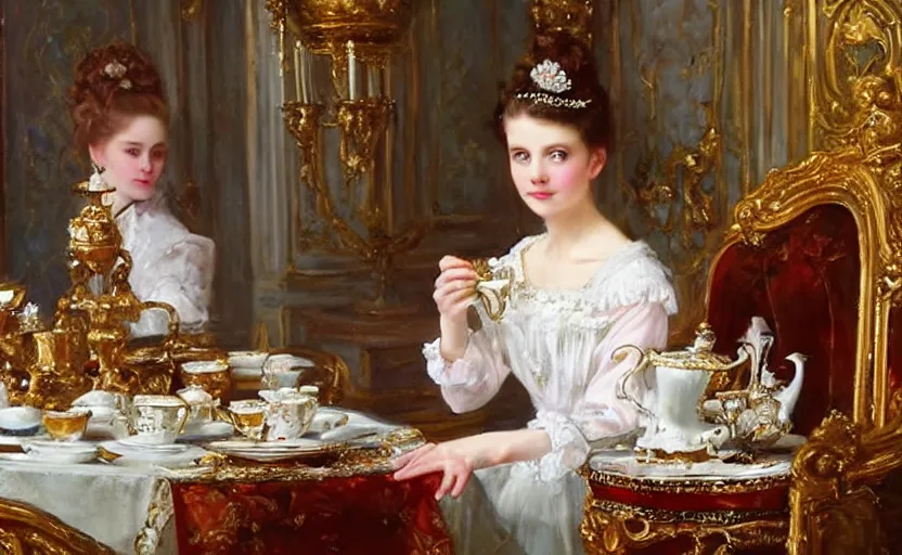 Prompt: Young victorian princess drinking tea on the royal palace dining room. By Konstantin Razumov, highly detailded
