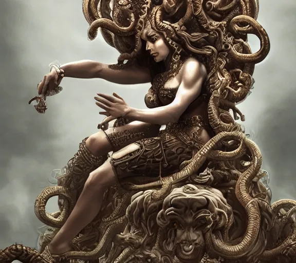 Image similar to intricate detailed artwork of medusa sat on a throne. concept art, artstation, deviantart, cgsociety. 4 k