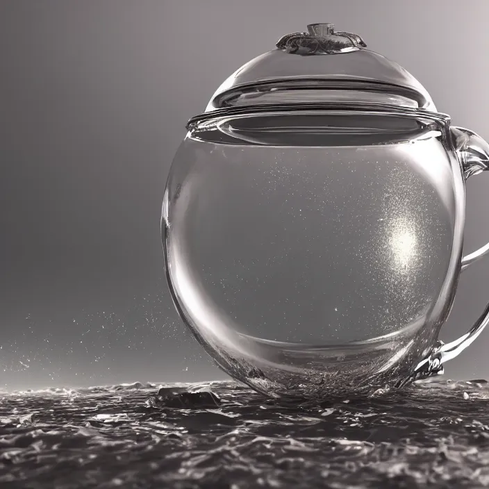 Prompt: thunderstorm tsunami inside a glass teapot. octane render, trending on artstation, very coherent symmetrical artwork. cinematic, hyper realism, octane render, 8 k, iridescent accents