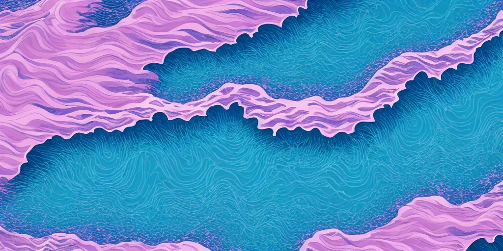 Image similar to blue purple and pink colored ocean waves rolling into the beach in the pattern of the great wave off Kanagawa, high resolution, 8k