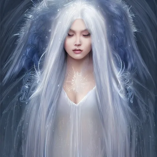 Image similar to Attractive young female ice angel, beautiful long white hair, wearing ice crystals, intricate, highly detailed, elegant, digital painting, trending on artstation