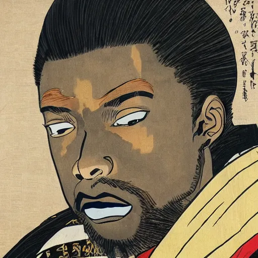 Image similar to GZA rapping, portrait, style of ancient text, hokusai