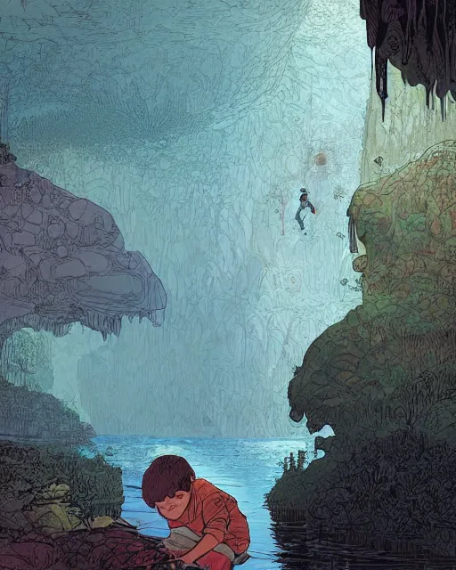 Prompt: a boy sneaking behind a giant sleeping giant, in a cave by the water, digital art, illustrated by james gurney and victo ngai